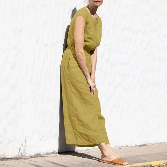 CM | Mono casual de algodón y lino con cuello redondo