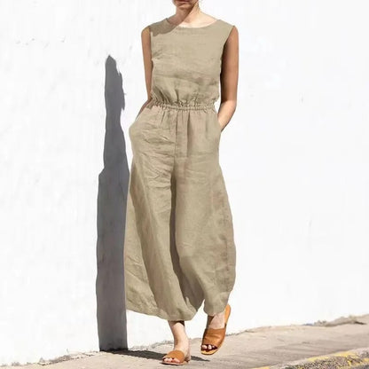 CM | Mono casual de algodón y lino con cuello redondo