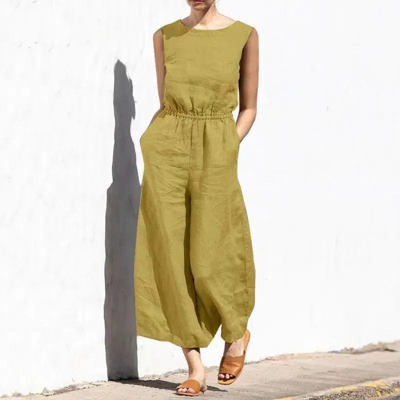 CM | Mono casual de algodón y lino con cuello redondo