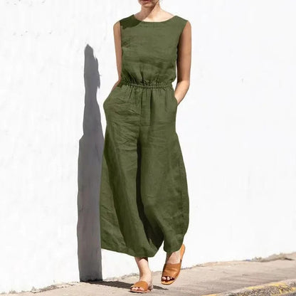 CM | Mono casual de algodón y lino con cuello redondo