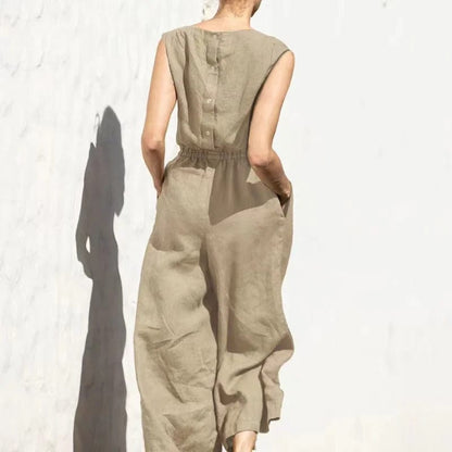 CM | Mono casual de algodón y lino con cuello redondo