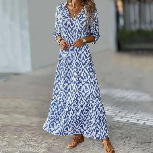 CM | Maxi Vestido de Mujer - Corte Relajado - Cuello en V - Estampado Ikat - Mangas 3/4 - Mezcla Transpirable