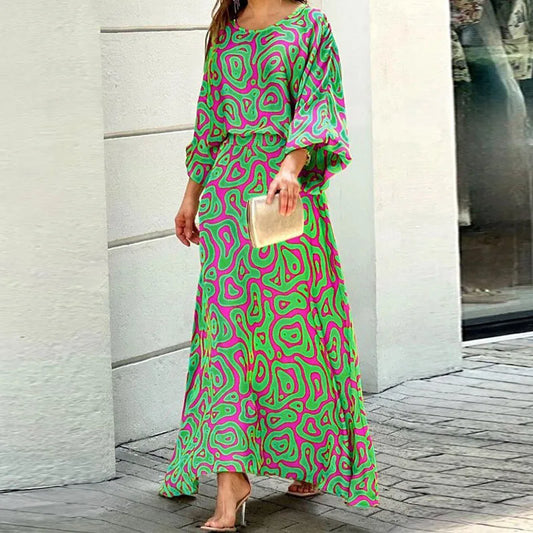 CM | Maxivestido de mujer - Corte fluido - Escote redondeado - Mangas anchas - Mezcla transpirable