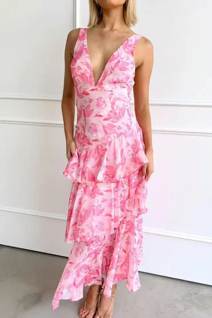 CM | Maxivestido de mujer - Top entallado - Falda con vuelo - Escote en pico - Tejido de lujo