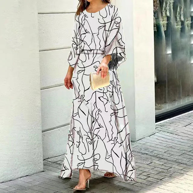 CM | Maxivestido de mujer - Corte fluido - Escote redondeado - Mangas anchas - Mezcla transpirable
