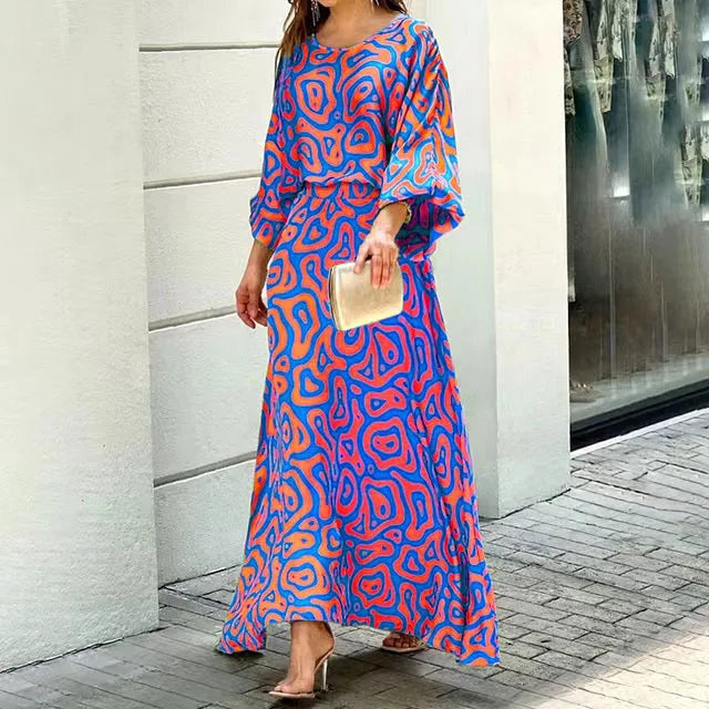 CM | Maxivestido de mujer - Corte fluido - Escote redondeado - Mangas anchas - Mezcla transpirable