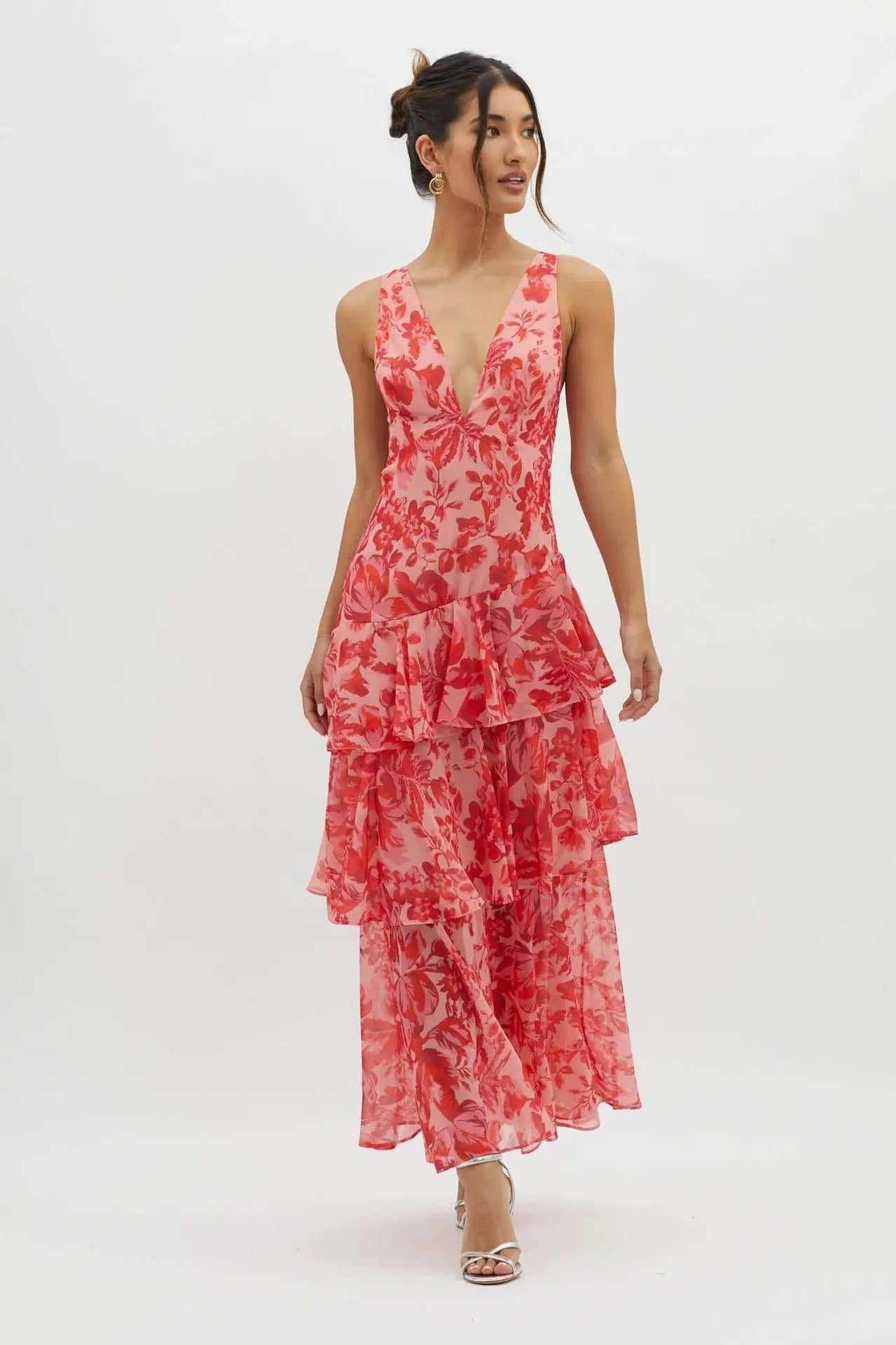 CM | Maxivestido de mujer - Top entallado - Falda con vuelo - Escote en pico - Tejido de lujo