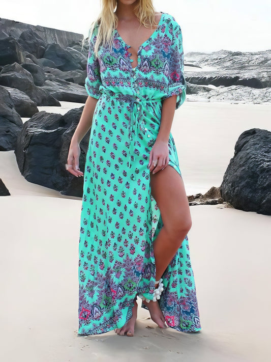 CM | Vestido largo bohemio de manga media y cuello en V