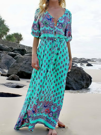 CM | Vestido largo bohemio de manga media y cuello en V