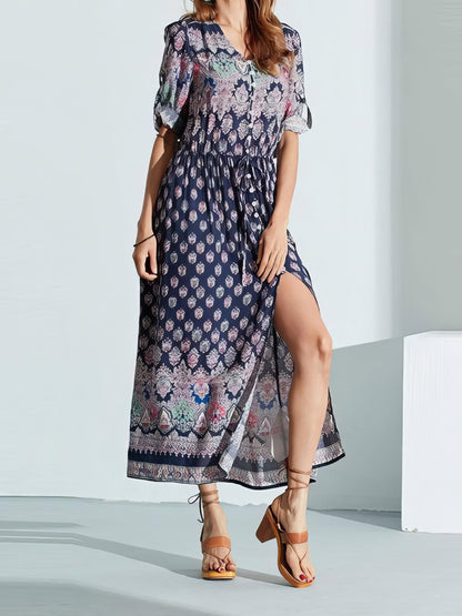 CM | Vestido largo bohemio de manga media y cuello en V