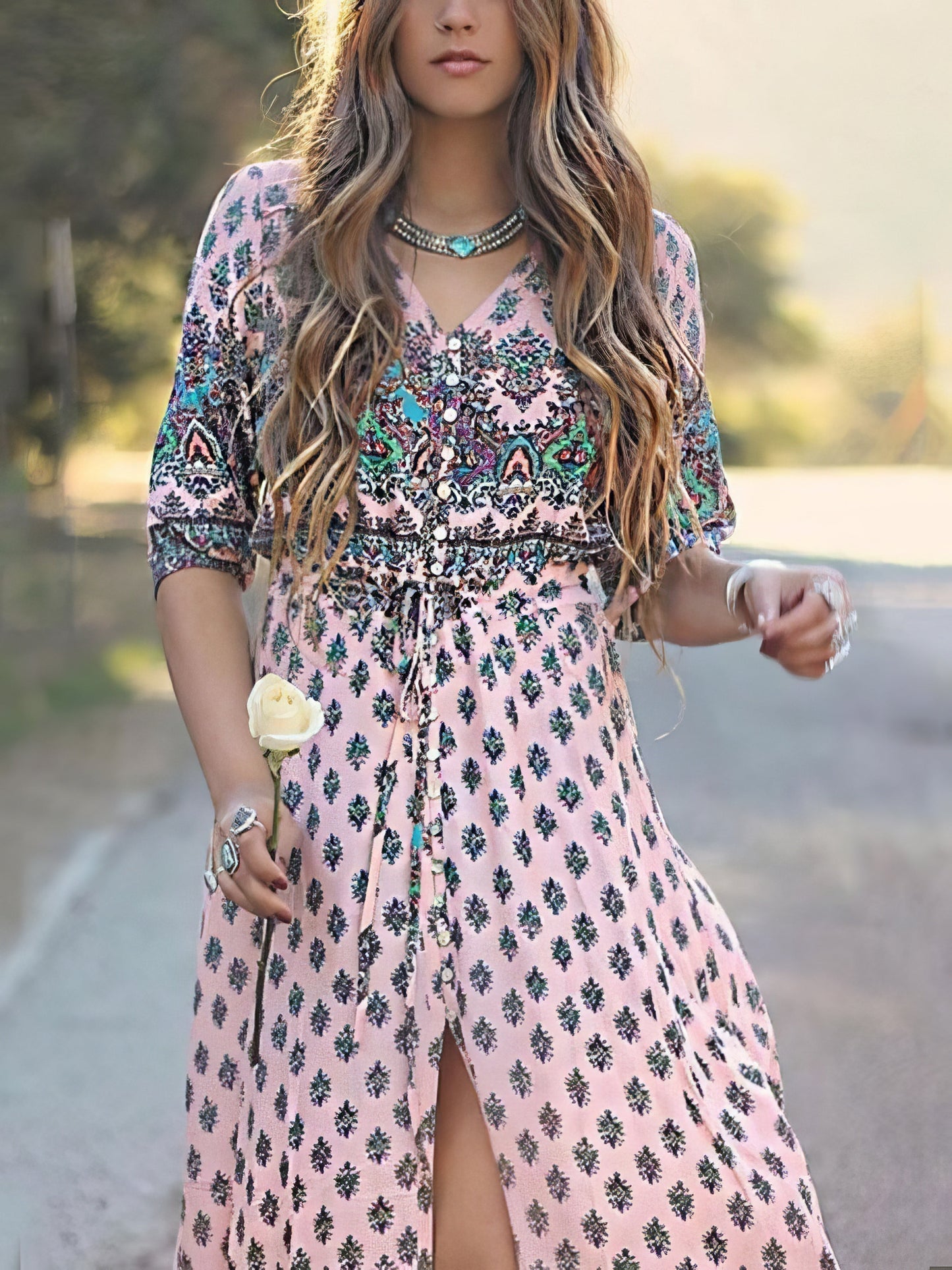 CM | Vestido largo bohemio de manga media y cuello en V