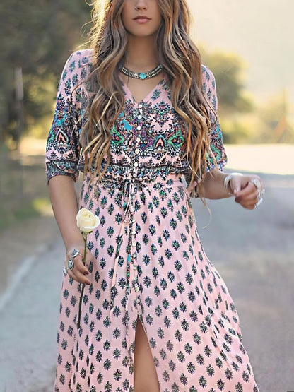 CM | Vestido largo bohemio de manga media y cuello en V