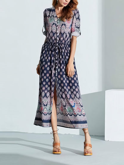 CM | Vestido largo bohemio de manga media y cuello en V