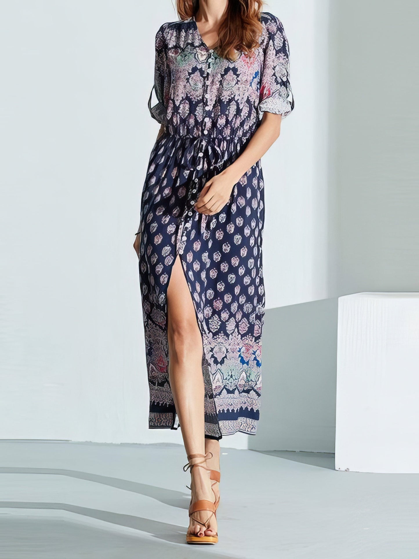 CM | Vestido largo bohemio de manga media y cuello en V