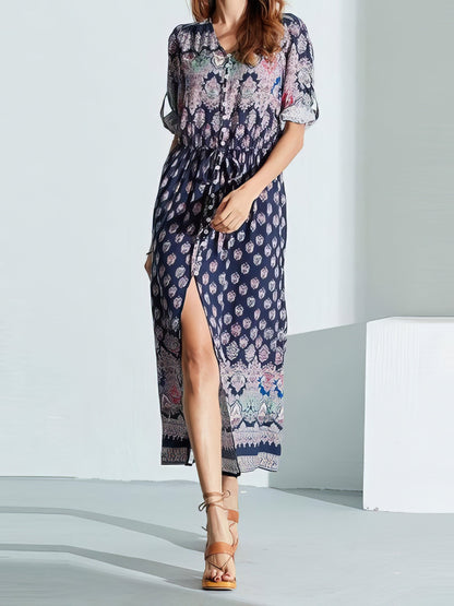 CM | Vestido largo bohemio de manga media y cuello en V