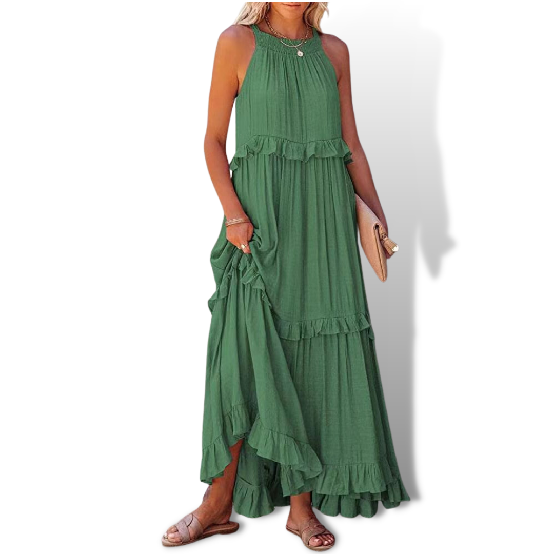 CM | Maxivestido de mujer - Corte relajado - Cuello halter - Detalle de volantes - Fibras naturales