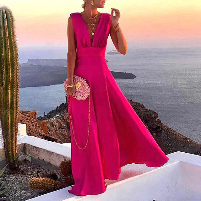 CM | Maxivestido de mujer - Corte vaporoso - Sin mangas - Escote en pico - Atrevido estampado floral - Mezcla transpirable