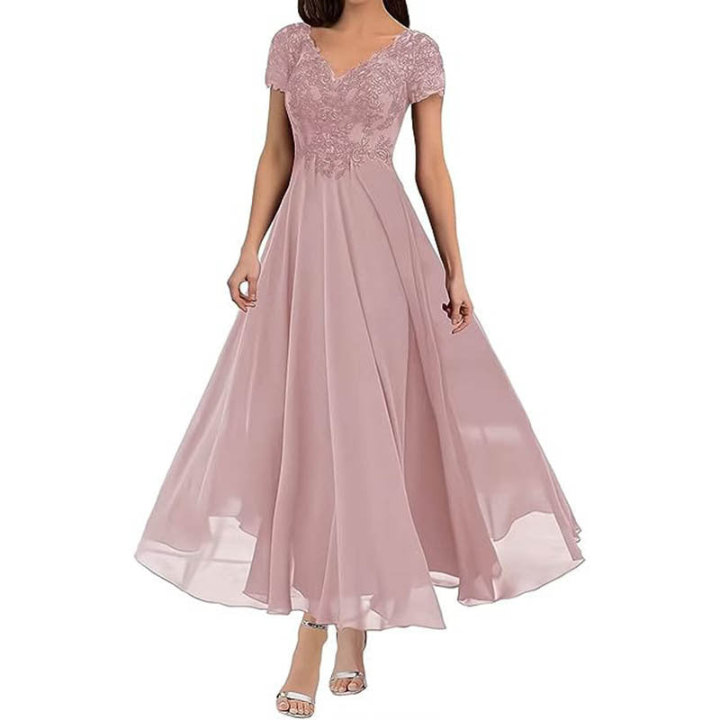 CM | maxi vestido de mujer - corpiño de encaje - escote en V - mangas cortas - falda fluida - ropa formal