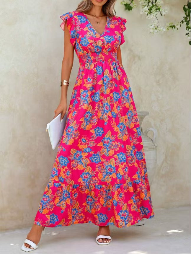 CM | maxi vestido de mujer - sin mangas - cuello en V - estampado floral - dobladillo en capas - corte holgado