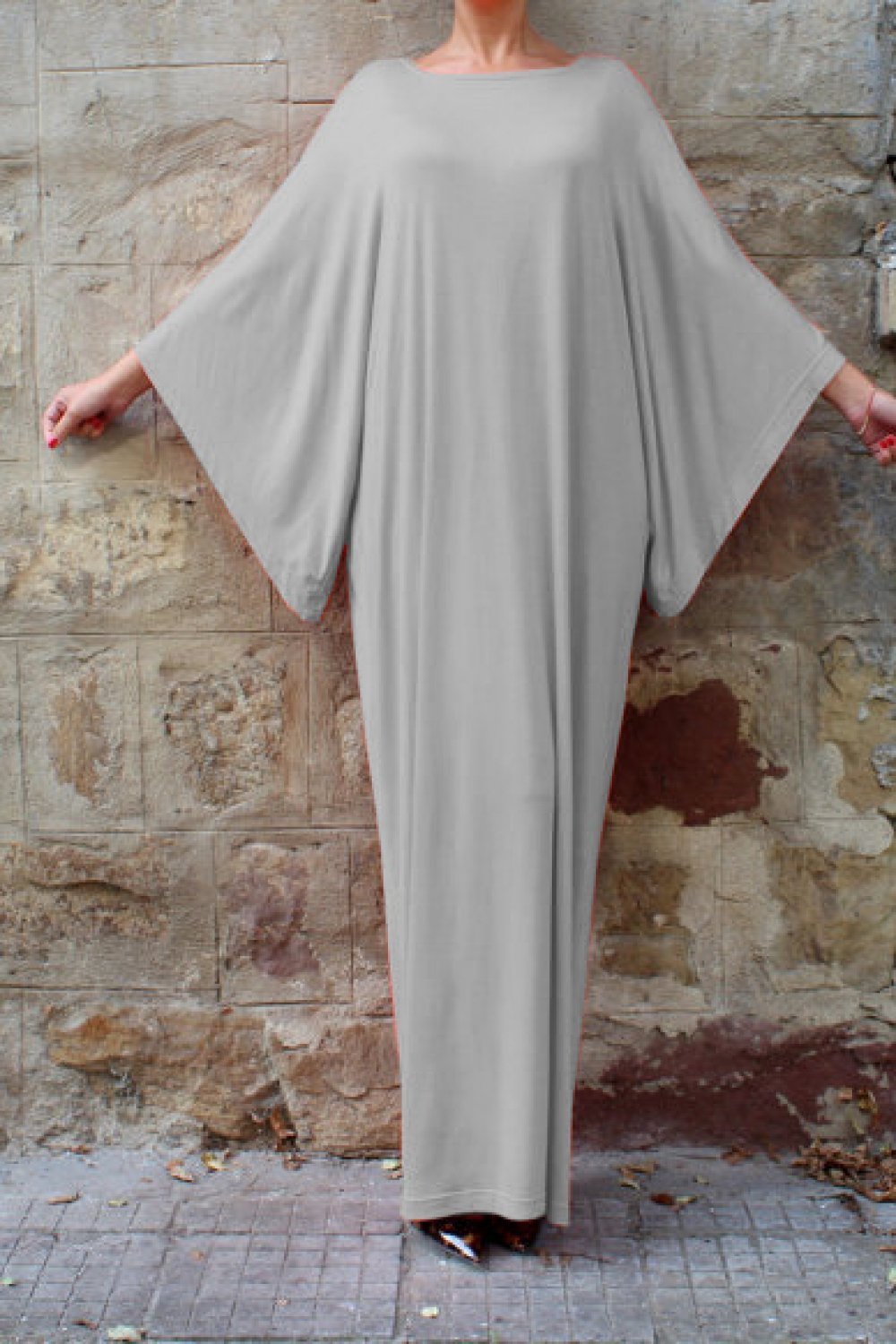 CM | Vestido monocolor con cintura elástica y mangas murciélago