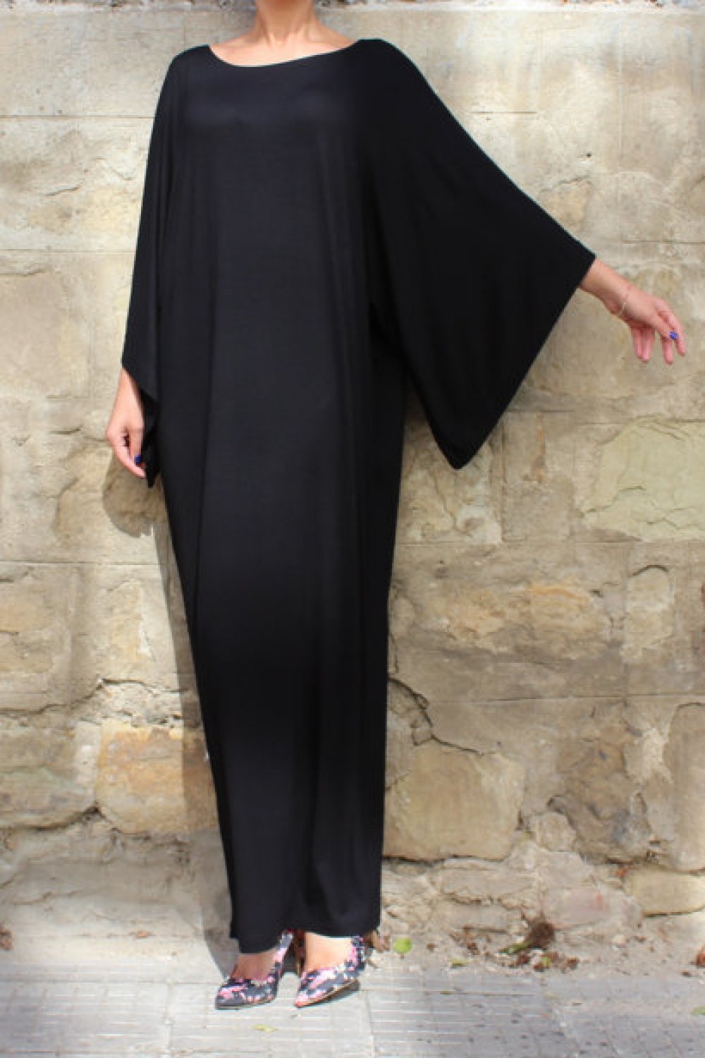 CM | Vestido monocolor con cintura elástica y mangas murciélago