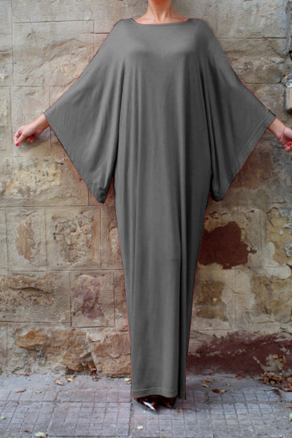 CM | Vestido monocolor con cintura elástica y mangas murciélago