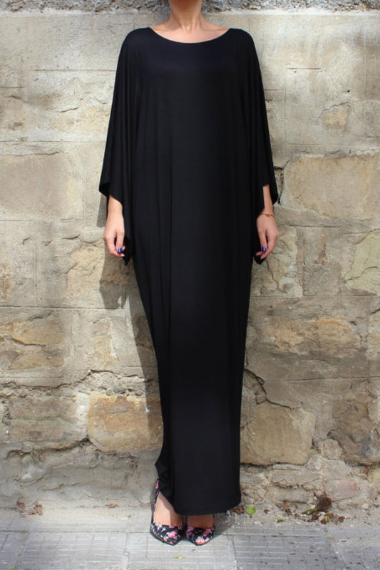 CM | Vestido monocolor con cintura elástica y mangas murciélago