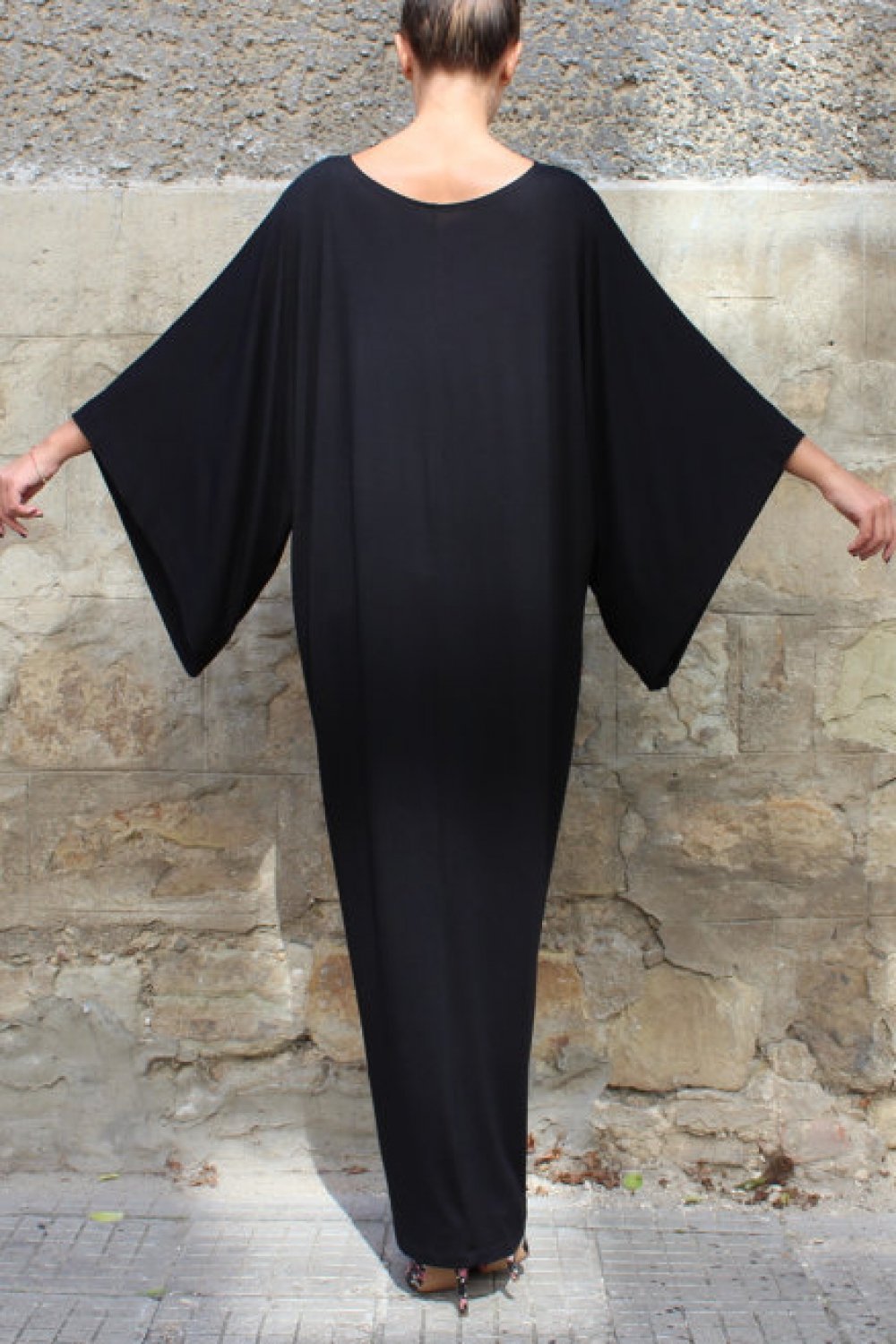 CM | Vestido monocolor con cintura elástica y mangas murciélago