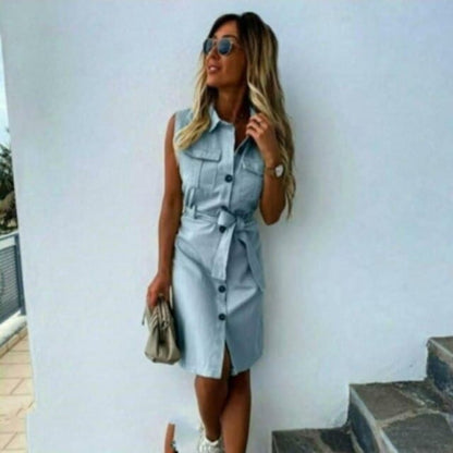 CM | mujeres vintage frente botón fajín abrigo vestido de fiesta sin mangas vuelta cuello casual mini vestido de moda de verano nuevo vestido