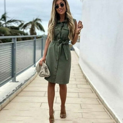 CM | mujeres vintage frente botón fajín abrigo vestido de fiesta sin mangas vuelta cuello casual mini vestido de moda de verano nuevo vestido