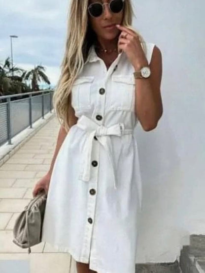 CM | mujeres vintage frente botón fajín abrigo vestido de fiesta sin mangas vuelta cuello casual mini vestido de moda de verano nuevo vestido