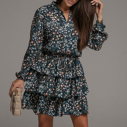 CM | Las mujeres en cascada Ruffle Vestido Floral Flores Imprimir Otoño Cuello en V Verde Vestido Corto Elegante Manga Larga Cake Vestidos de Fiesta