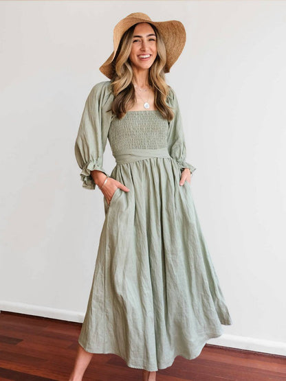 CM | Elegante maxi vestido de manga abullonada reversible