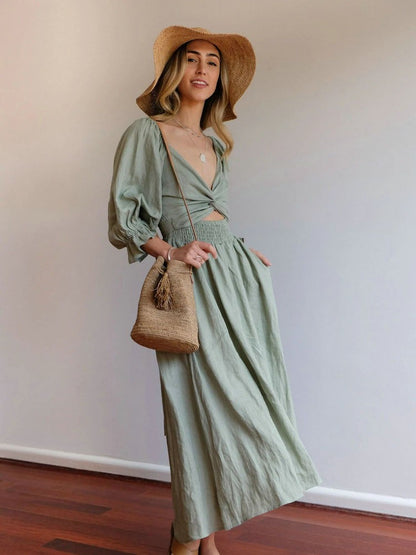 CM | Elegante maxi vestido de manga abullonada reversible