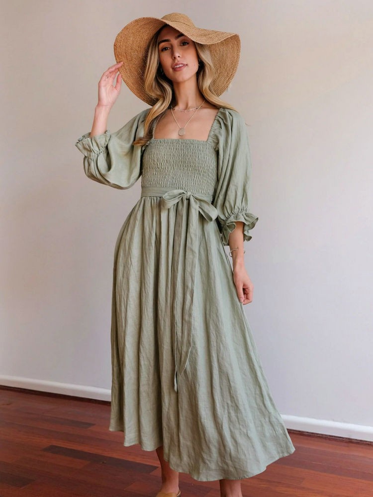 CM | Elegante maxi vestido de manga abullonada reversible