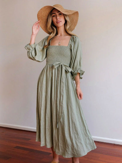 CM | Elegante maxi vestido de manga abullonada reversible
