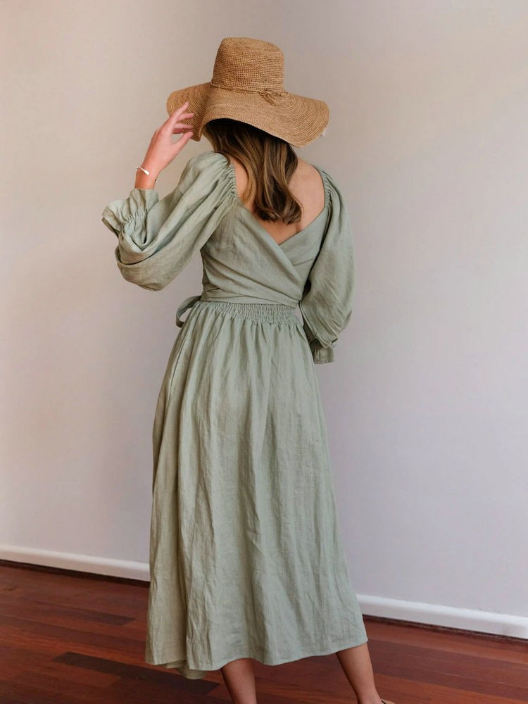 CM | Elegante maxi vestido de manga abullonada reversible