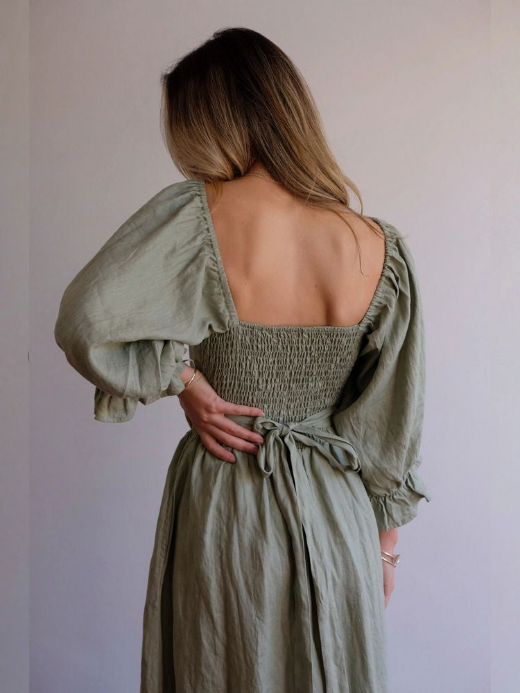 CM | Elegante maxi vestido de manga abullonada reversible