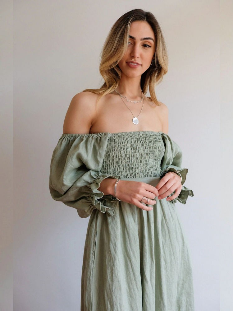 CM | Elegante maxi vestido de manga abullonada reversible