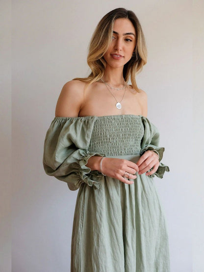 CM | Elegante maxi vestido de manga abullonada reversible