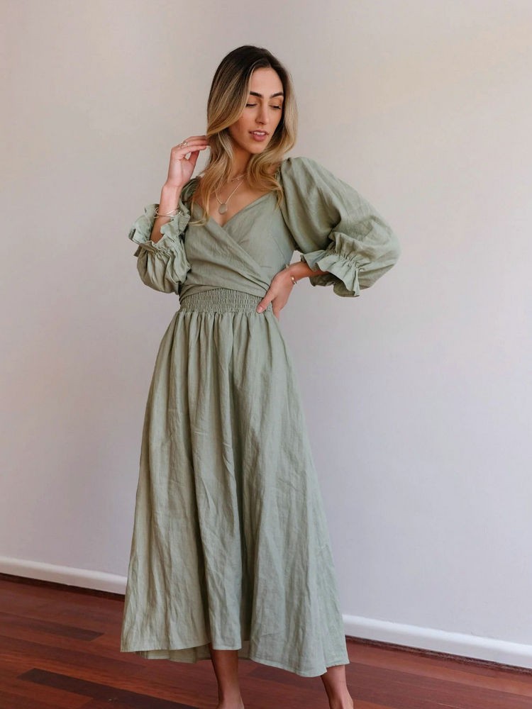 CM | Elegante maxi vestido de manga abullonada reversible