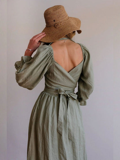 CM | Elegante maxi vestido de manga abullonada reversible