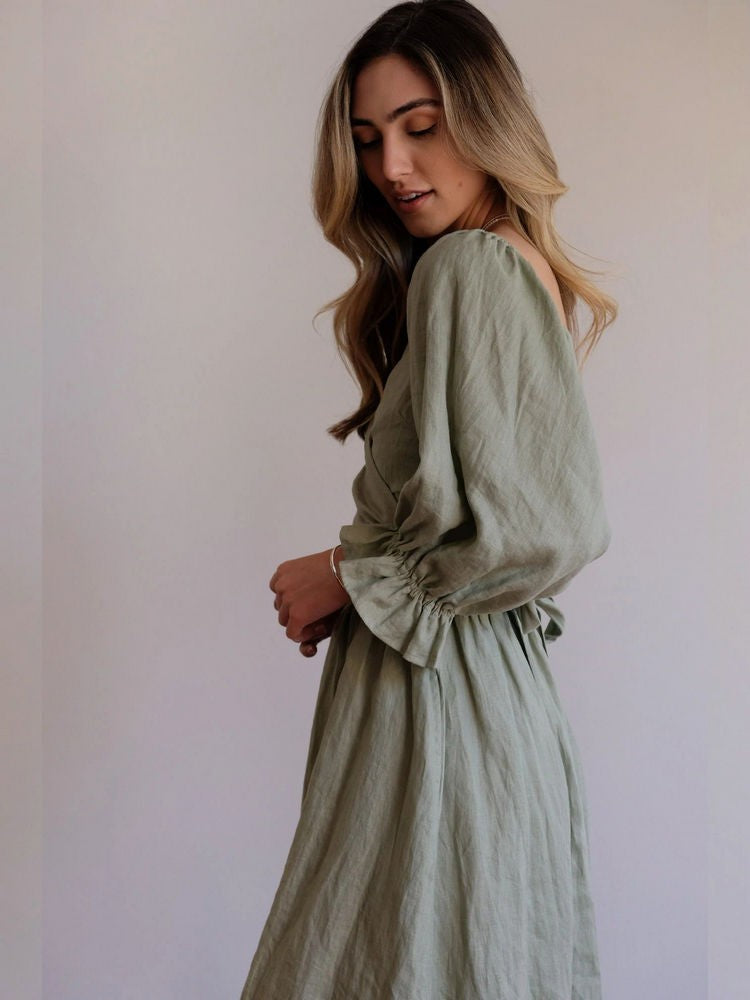 CM | Elegante maxi vestido de manga abullonada reversible