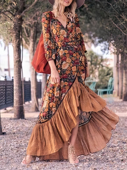 CM | Vestido Largo Retro Manga Larga Estampado