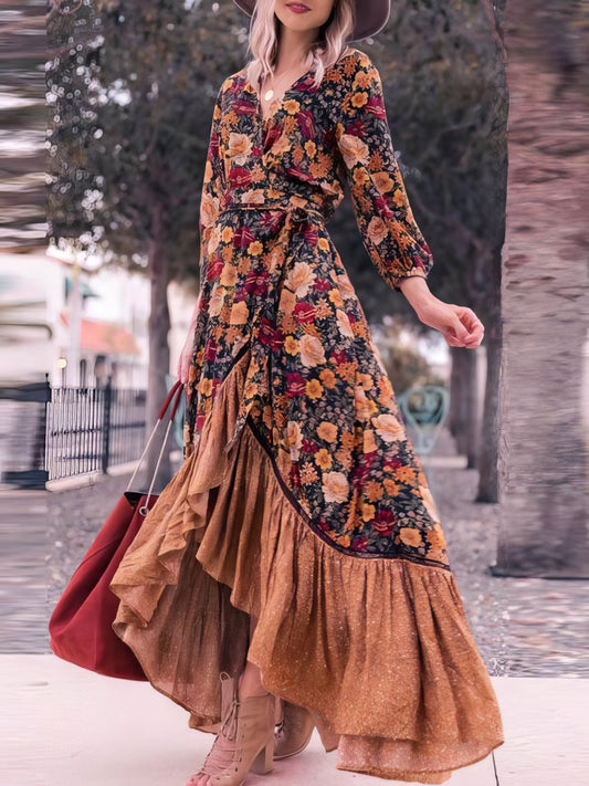 CM | Vestido Largo Retro Manga Larga Estampado