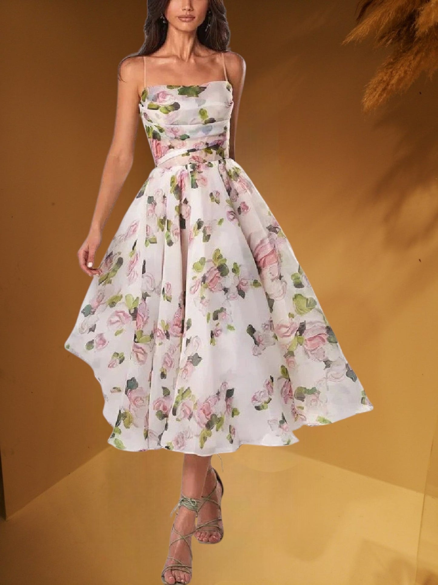CM | Vestido midi sin mangas para mujer con estampado floral y corte estructurado