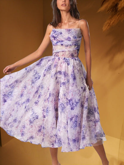 CM | Vestido midi sin mangas para mujer con estampado floral y corte estructurado