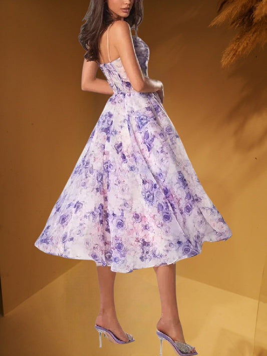 CM | Vestido midi sin mangas para mujer con estampado floral y corte estructurado