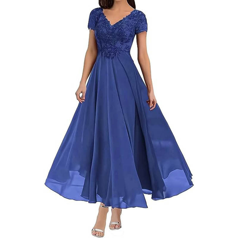 CM | maxi vestido de mujer - corpiño de encaje - escote en V - mangas cortas - falda fluida - ropa formal