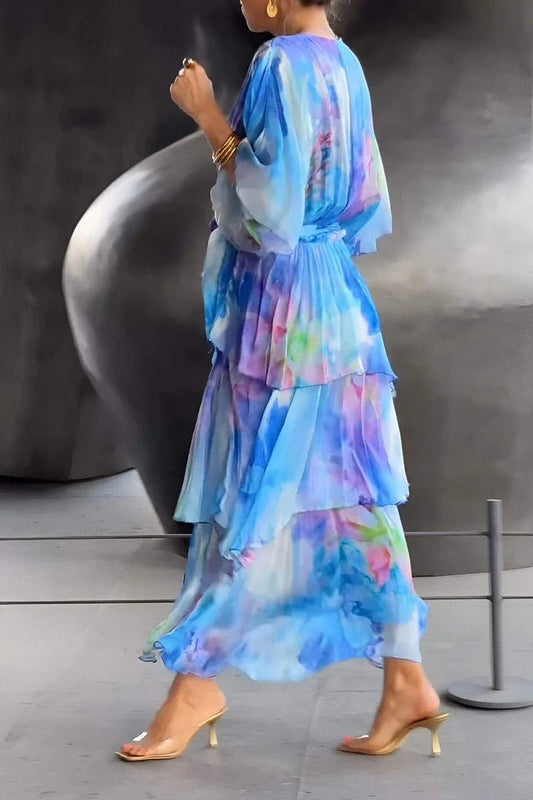 CM | maxi vestido de mujer - look envolvente - tejido de gasa - mangas abullonadas - falda de tafetán con volantes
